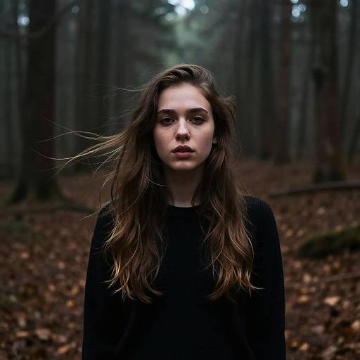 Photograph of a serious young woman with long brown hair, wearing a black sweater, standing in a dark, misty forest with fallen leaves on the
