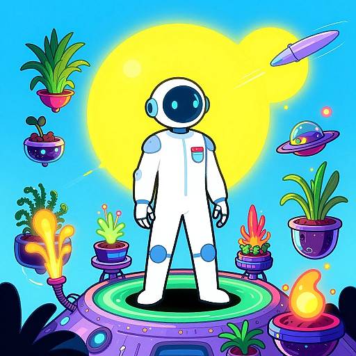 Colorful digital illustration of a space-suited astronaut standing on a glowing space platform, surrounded by floating plants, UFOs, and fires, with a