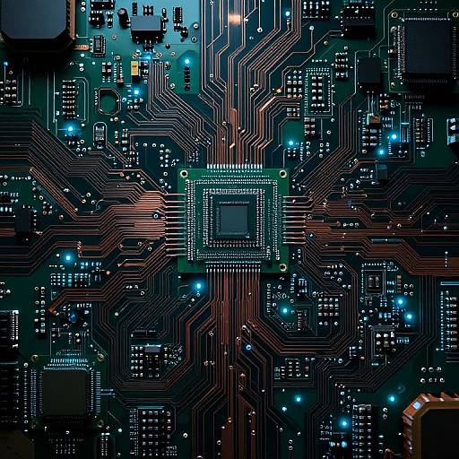 Photograph of a detailed, illuminated circuit board with intricate blue and white LED lights on a dark green background.