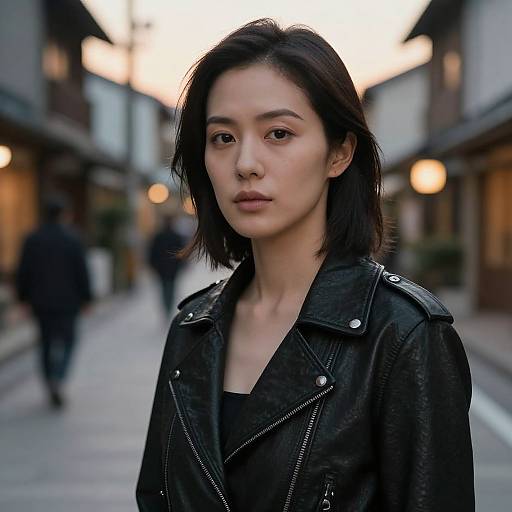 Photograph of an Asian woman with shoulder-length black hair, wearing a black leather jacket, standing in a blurred urban street at dusk.