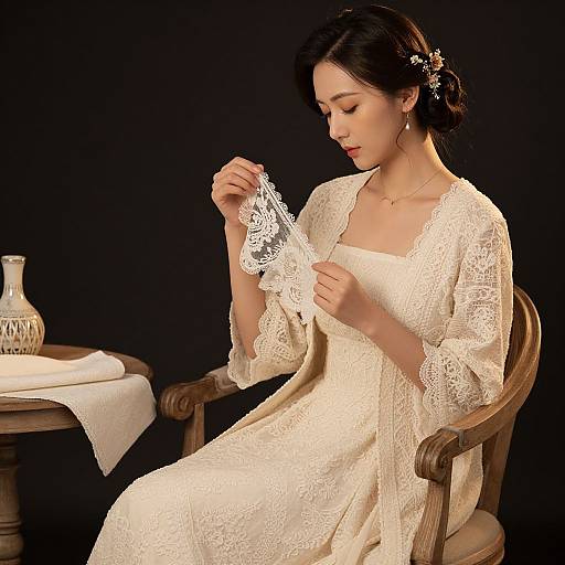 Photograph of an Asian woman in a lace, cream-colored dress, gently holding delicate white lace, seated on a wooden chair against a black background.