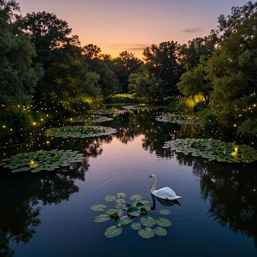 Photograph of a serene sunset over a reflective pond, featuring a white swan gliding among lily pads, surrounded by glowing fairy lights and dark