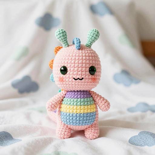 Photograph of a pastel-colored, crocheted amigurumi creature with rainbow stripes, small blue and green ears, and black eyes,