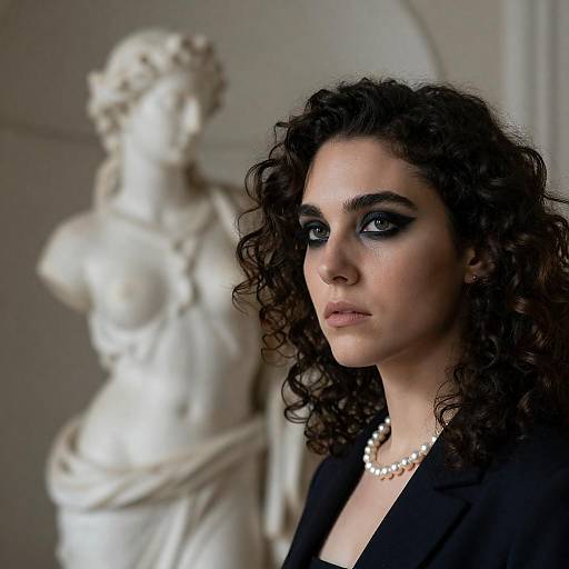 Intense Woman with Marble Statue Background