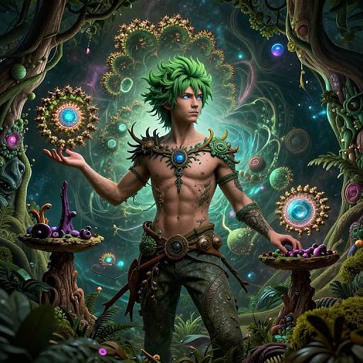 Intricate Male Character in Cosmic Jungle
