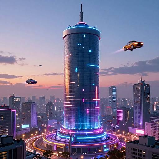 Cyberpunk City Power Core at Dusk