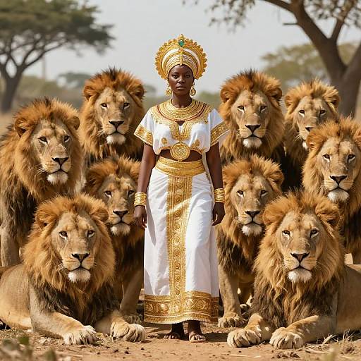 Photograph of a dark-skinned African woman in an ornate white and gold traditional dress, surrounded by a group of majestic lions in a sunlit