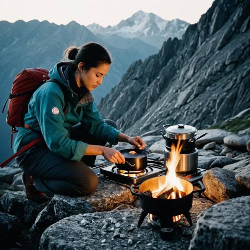 Female Mountain Climber Cooking on Rocky Peak