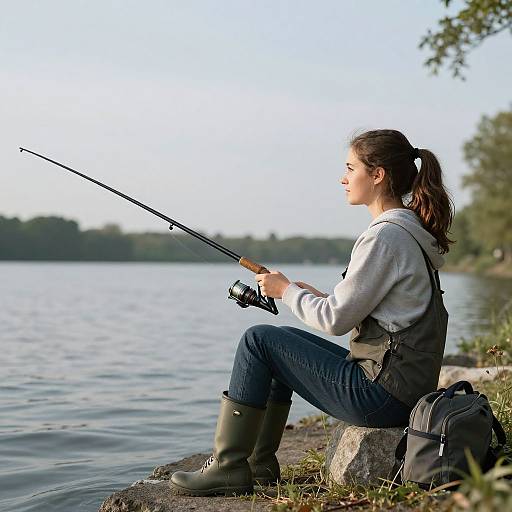 Photograph of a young woman with brown hair in a ponytail, fishing by a calm lake, wearing a white shirt, black overalls, green