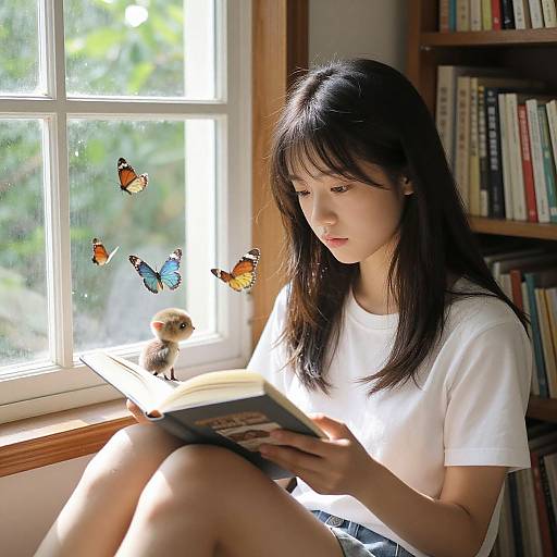 Photograph of an Asian woman with long black hair, wearing a white t-shirt, reading a book by a sunlit window with butterflies and a humming