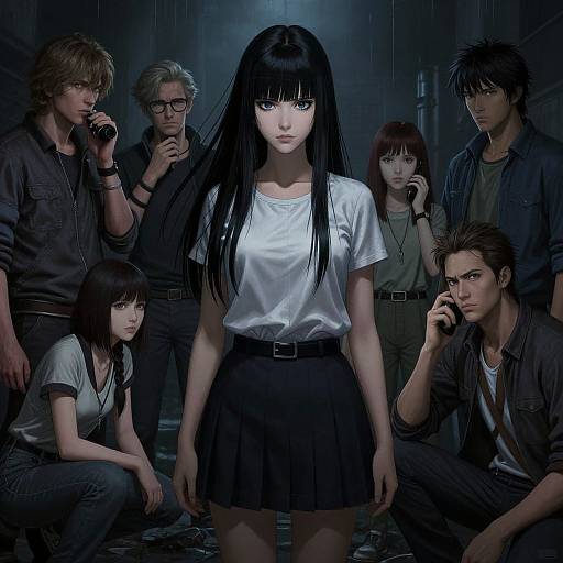 Digital anime-style illustration: Center black-haired girl in white tee and black skirt, surrounded by rain-soaked, serious-looking men and women in dark clothing