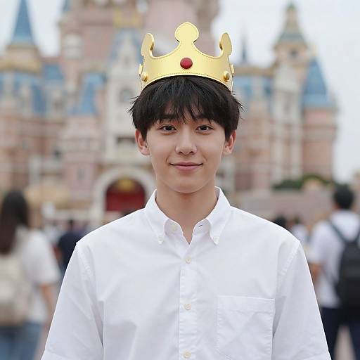 Photograph of a young Asian boy with black hair wearing a gold crown and white shirt, smiling at a blurred Disney castle background.