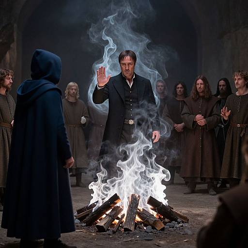Photograph of a man in a black suit raising his hand, surrounded by robed figures, standing around a bright, flaming fire in a dimly