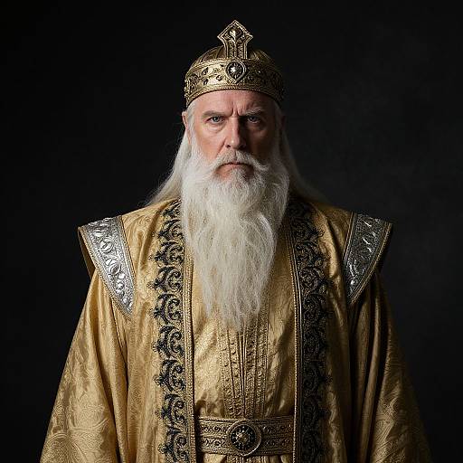 Photograph of an elderly, white-bearded man in ornate, gold regalia with intricate silver embroidery and a jeweled crown, against a black