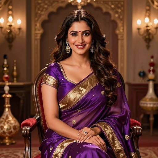 Photograph of an Indian woman with long dark hair, wearing a purple and gold traditional saree, seated on a red-cushioned chair in an
