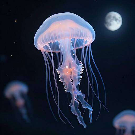 Photograph of a glowing, translucent jellyfish with blue and pink hues, floating in a dark ocean, with a bright moon in the background.