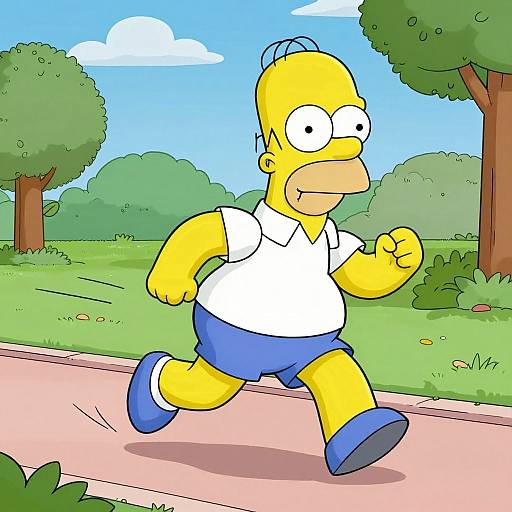 Cartoon image of yellow-haired, wide-eyed Homer Simpson jogging on a sidewalk, wearing a white shirt and blue shorts, in a sunny park with green