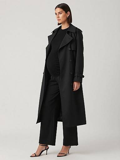 Pregnant Woman in Black Trench Coat Outfit