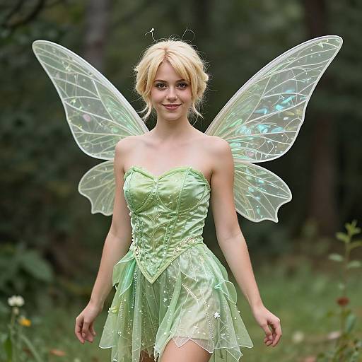 Photograph of a blonde fairy with translucent wings, wearing a strapless, green, sparkling dress, standing in a forest.