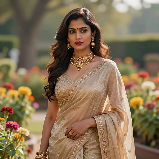 Elegant Indian Woman in Beige Silk Saree