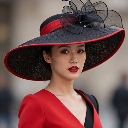 Photograph of an elegant Asian woman with fair skin, red lipstick, and black-red wide-brimmed hat adorned with black lace, wearing a red