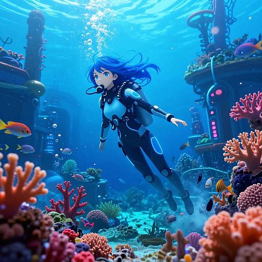 Digital anime-style artwork of a blue-haired girl in scuba gear, swimming amidst vibrant coral reefs and colorful fish in a blue underwater setting.