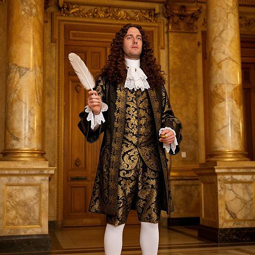 Photograph of a man with long curly brown hair, wearing an ornate black and gold 18th-century outfit, holding a white feather, standing