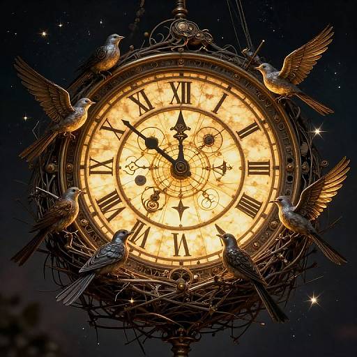 Photograph of a glowing, ornate clock with Roman numerals, surrounded by four birds in mid-flight, set against a starry night sky.