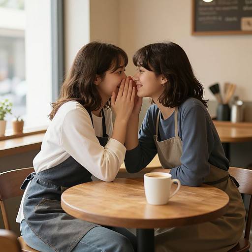 Photograph of two women with dark hair, wearing white and blue shirts with aprons, sitting at a wooden table in a cozy café, gently touching