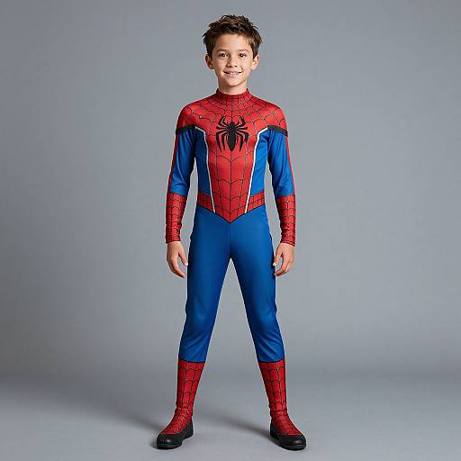 Photograph of a young boy standing, smiling, wearing a detailed Spider-Man costume with red and blue colors, and black boots.