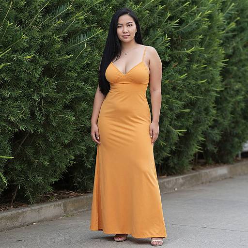 Photograph of an Asian woman with long black hair, wearing a sleeveless, orange, V-neck maxi dress, standing on a sidewalk against dense green