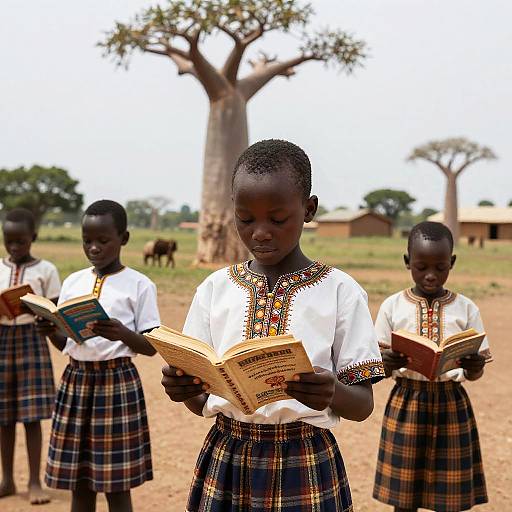 Photograph of four African schoolgirls in white embroidered shirts and plaid skirts, reading books outdoors, with tall trees and a cow in the background.