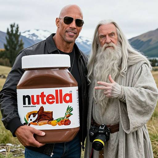 Photograph of bald, muscular man in black shirt holding giant Nutella jar, next to elderly white-bearded man in medieval robe, outdoors.