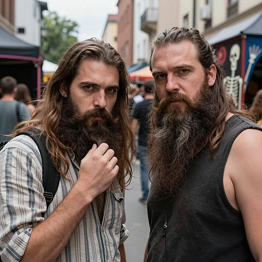 Two Bearded Men with Intense Expressions in Urban Setting
