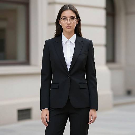 Photograph of a young woman with long dark hair, glasses, and a black business suit with a white shirt, standing confidently in front of a blurred