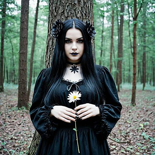 Gothic Woman Holding Flower in Forest