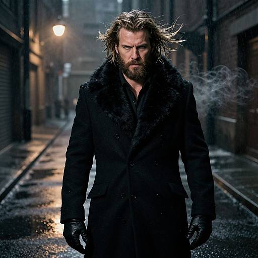 Photograph of a rugged, bearded man with disheveled hair, wearing a black fur-collared coat and gloves, standing in a dim