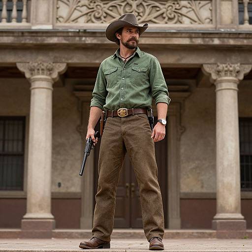 Photograph of a bearded man in a green shirt, brown pants, cowboy hat, holding a gun, standing in front of a rustic, orn