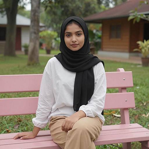 Photograph of a young South Asian woman with medium brown skin, wearing a black hijab, white long-sleeve shirt, and beige pants,