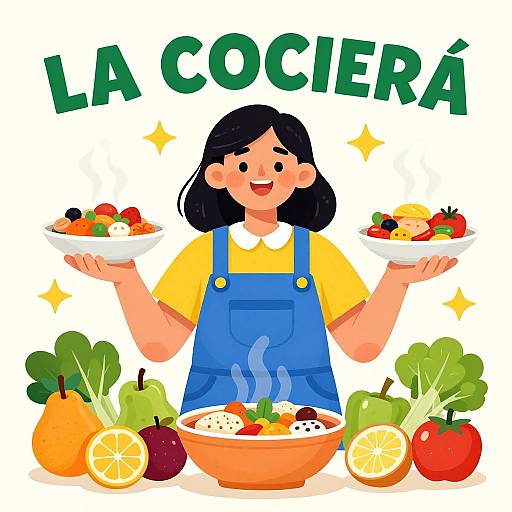 Digital illustration of a smiling Asian woman in blue overalls, yellow shirt, holding bowls of colorful salads, with various fresh vegetables and fruits around her,