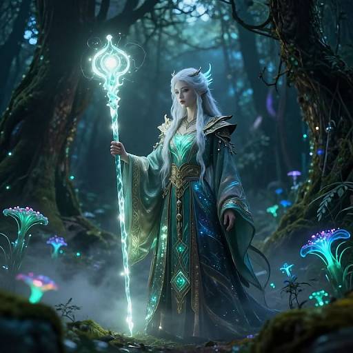 Mystical Figure in Bioluminescent Forest