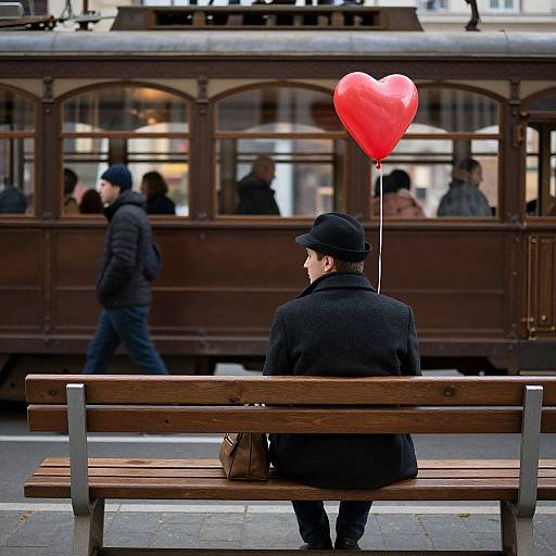 Photograph of a man in black coat and hat, sitting on wooden bench, holding red heart-shaped balloon, urban street background.