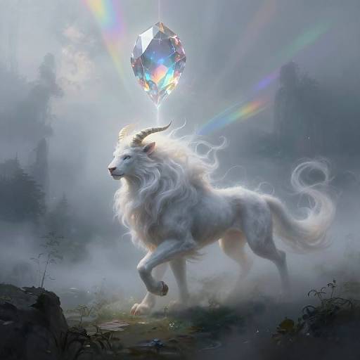 Digital painting of a majestic, white, ethereal wolf with glowing fur, walking on misty forest ground, illuminated by a radiant, multi-colored crystal