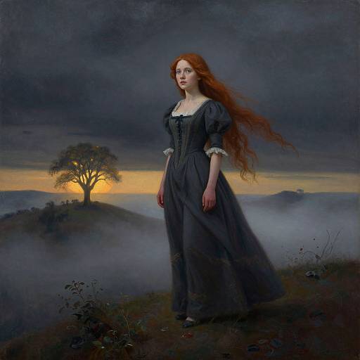 Photograph-style digital painting of a red-haired woman in a dark Victorian dress, standing on misty hills at sunset with a glowing tree in the background