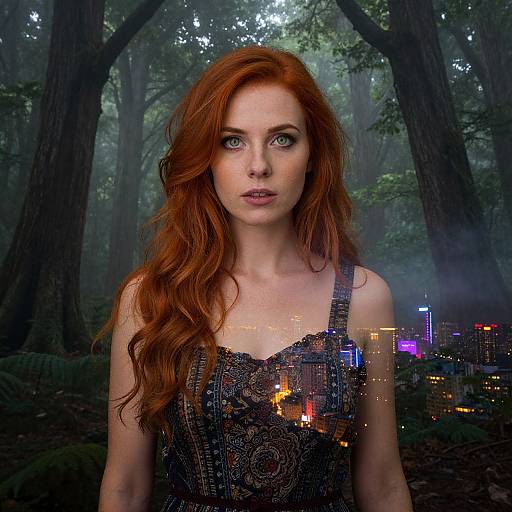 Photograph of a red-haired woman with blue eyes, wearing a black lace dress, standing in a misty forest with glowing city lights superimposed