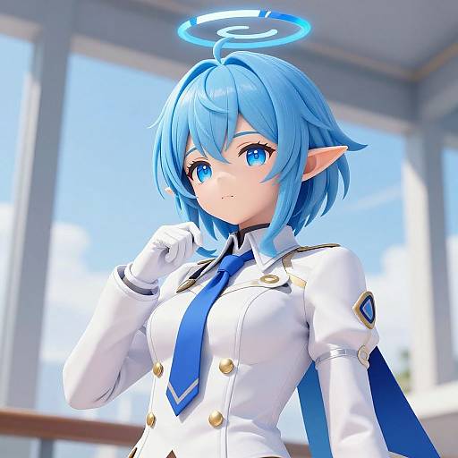 Digital anime-style drawing of a blue-haired, blue-eyed elf girl with a halo, wearing a white uniform with gold buttons and a blue tie, standing