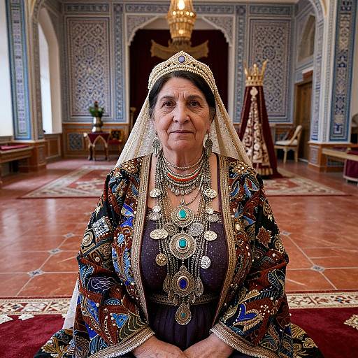 Photograph of an elderly woman in ornate traditional dress and jewelry, seated in an opulent, patterned room with a chandelier.