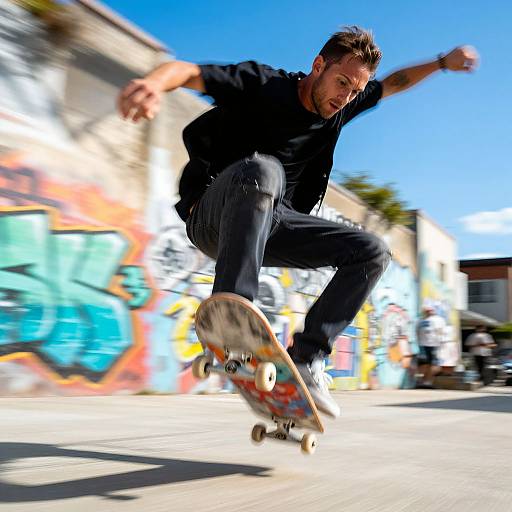 Photograph of a young man mid-air skateboarding trick in a sunlit urban skatepark, wearing a black shirt and jeans, with colorful graffiti in