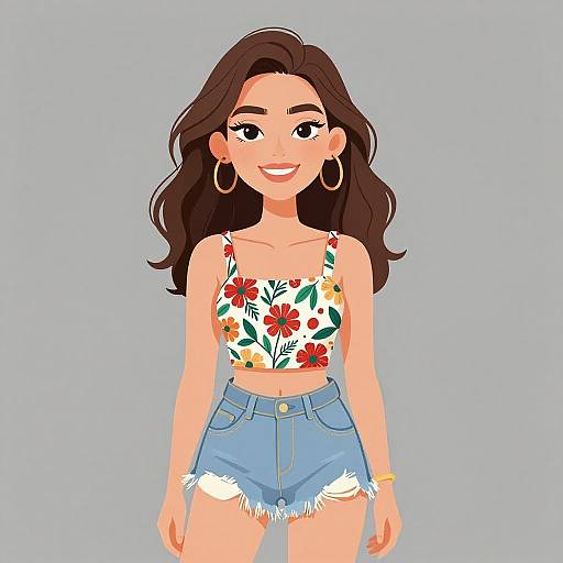 Digital illustration of a smiling woman with long brown hair, wearing a floral crop top and frayed denim shorts, large hoop earrings, and a gold bracelet