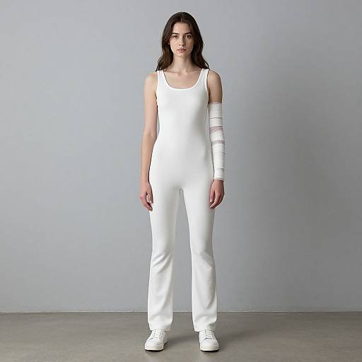 Photograph of a young woman with long brown hair, wearing a white tank top and pants, white sneakers, and a white arm wrap, standing against